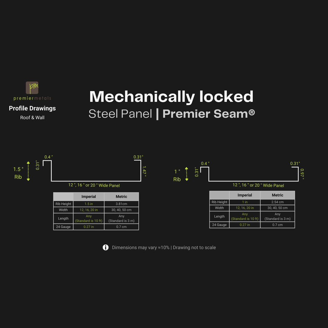 Mechanically locked Steel panel - 12” width - Premium Colours